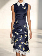 Navy Blue Satin Dress with Butterfly Print and White Lace Trim