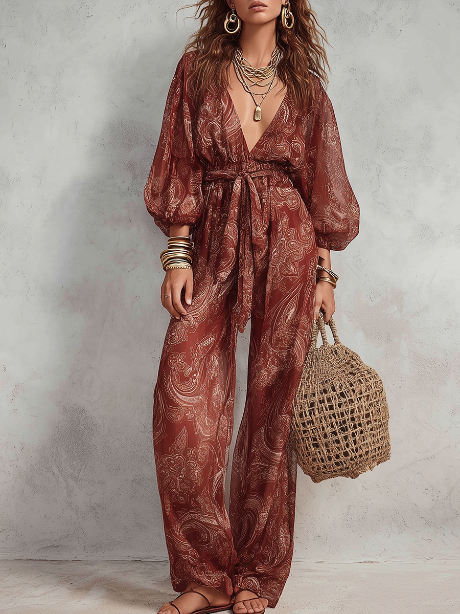Brick Red Paisley Print Jumpsuit