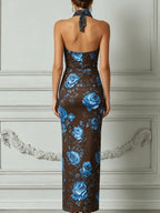 Brown & Blue Rose Print Halter Neck Keyhole Maxi Dress