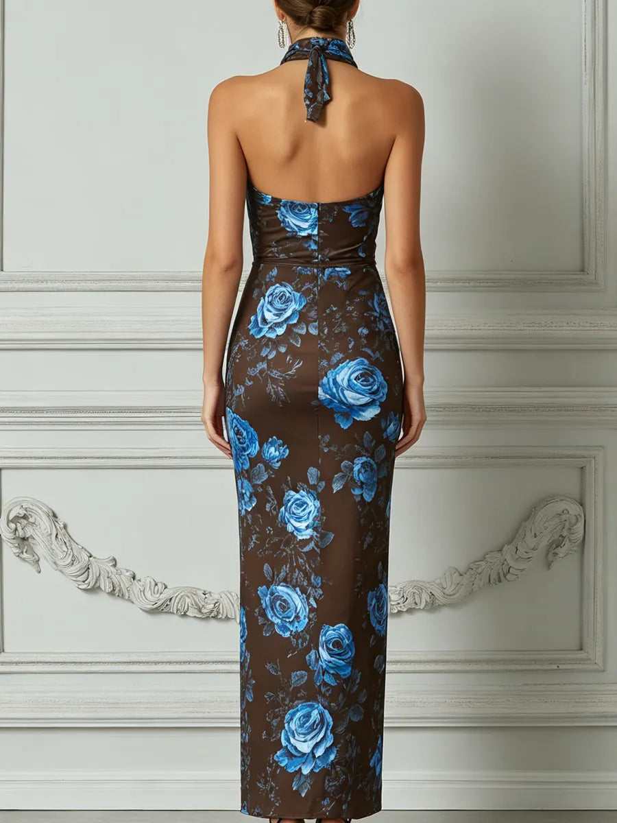 Brown & Blue Rose Print Halter Neck Keyhole Maxi Dress