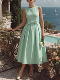 Midi Cotton Dress, Sleeveless, Round Neck, Plain, Bow, French Vintage, mint