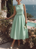 Midi Cotton Dress, Sleeveless, Round Neck, Plain, Bow, French Vintage, mint