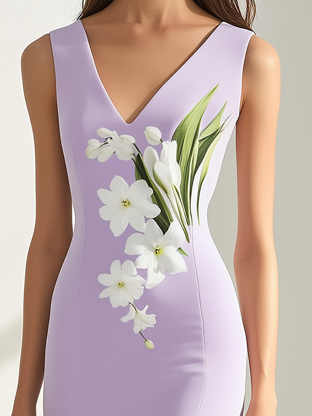Elegant Lilac Sleeveless Mermaid Dress with Side Lily Print