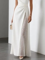 White Sequin Ruched Classic Boat Neck Sleeveless A-Line Midi Dress