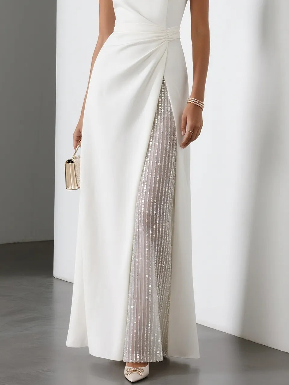 White Sequin Ruched Classic Boat Neck Sleeveless A-Line Midi Dress