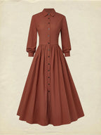 Maxi Cotton Dress, Long Sleeves, Shawl Collar, Plain, Button Design, Vintage, Brick Red