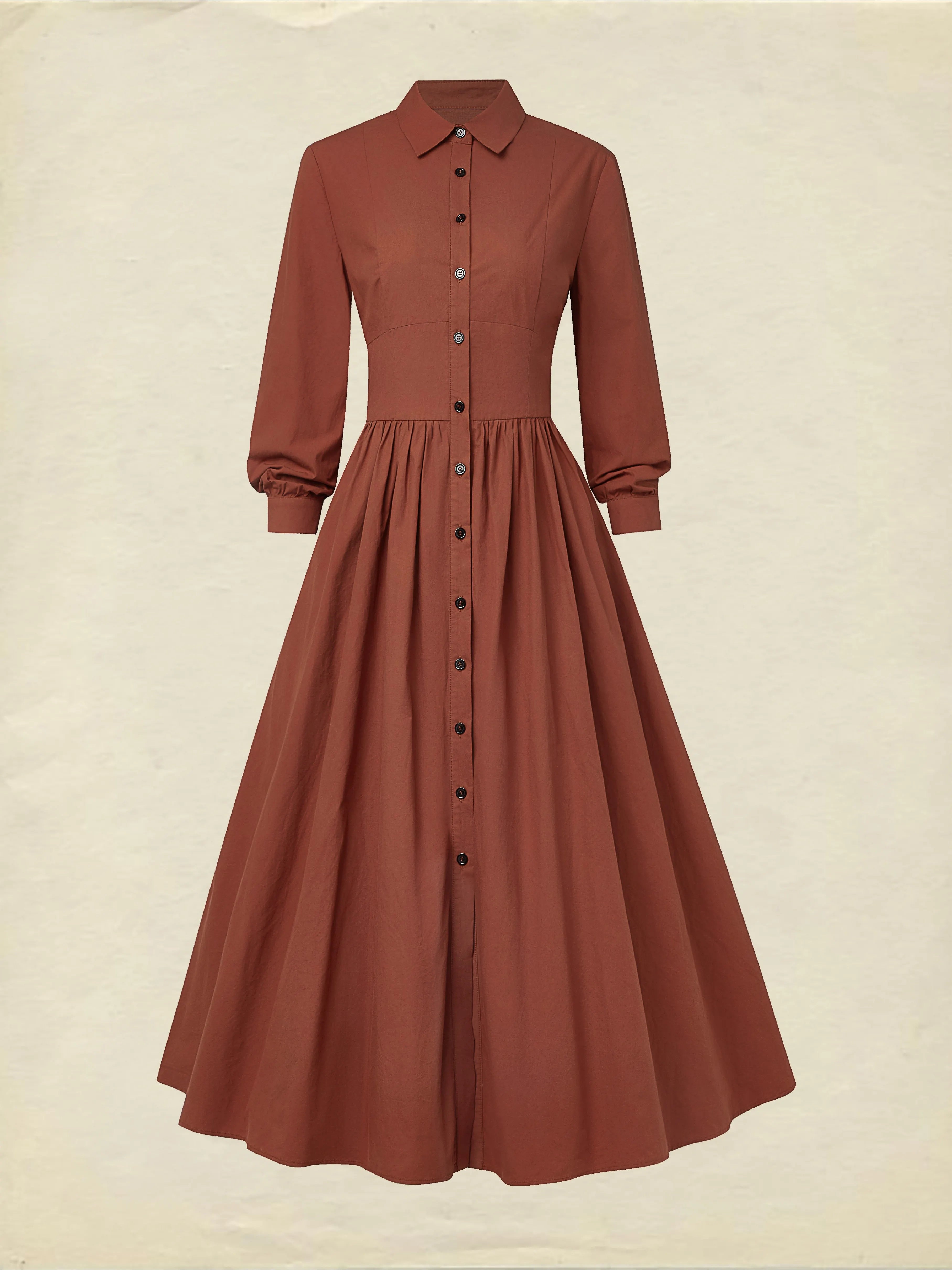 Maxi Cotton Dress, Long Sleeves, Shawl Collar, Plain, Button Design, Vintage, Brick Red