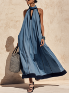 Chic Halter Neck Denim Maxi Dress with Contrast Trim
