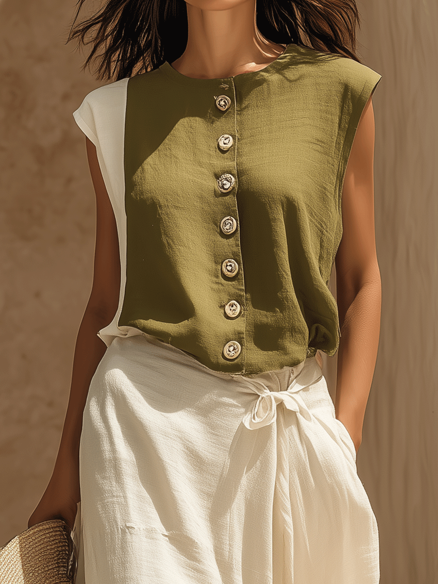 Effortless Boho Olive Button Top & White Maxi Skirt Set