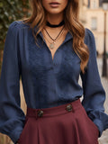 Linen Shirt, Long Sleeves, Shawl Collar, Plain, Lace, Vintage, Blue