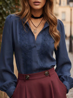 Linen Shirt, Long Sleeves, Shawl Collar, Plain, Lace, Vintage, Blue