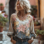 Women's Bohemian Lily Print Dyeing Linen And Hemp Gradient Crew Neck Long Sleeve Top