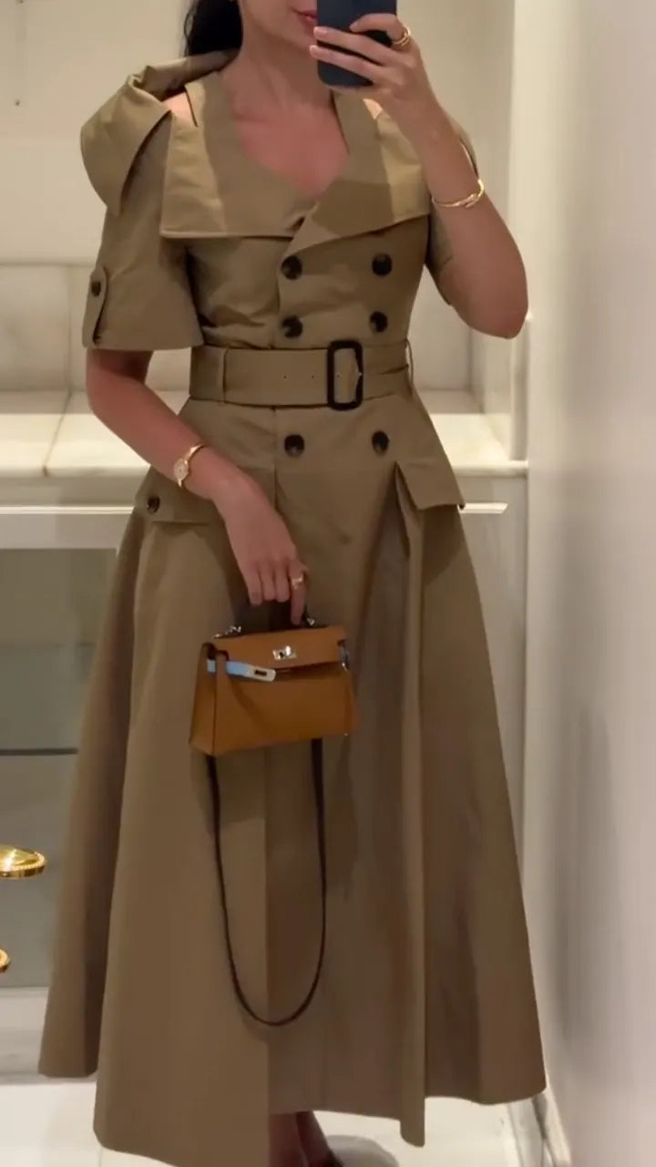Khaki Trench‑Style Midi Dress