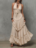 Boho Elegant Sandstone Ruffled Halter Maxi Dress