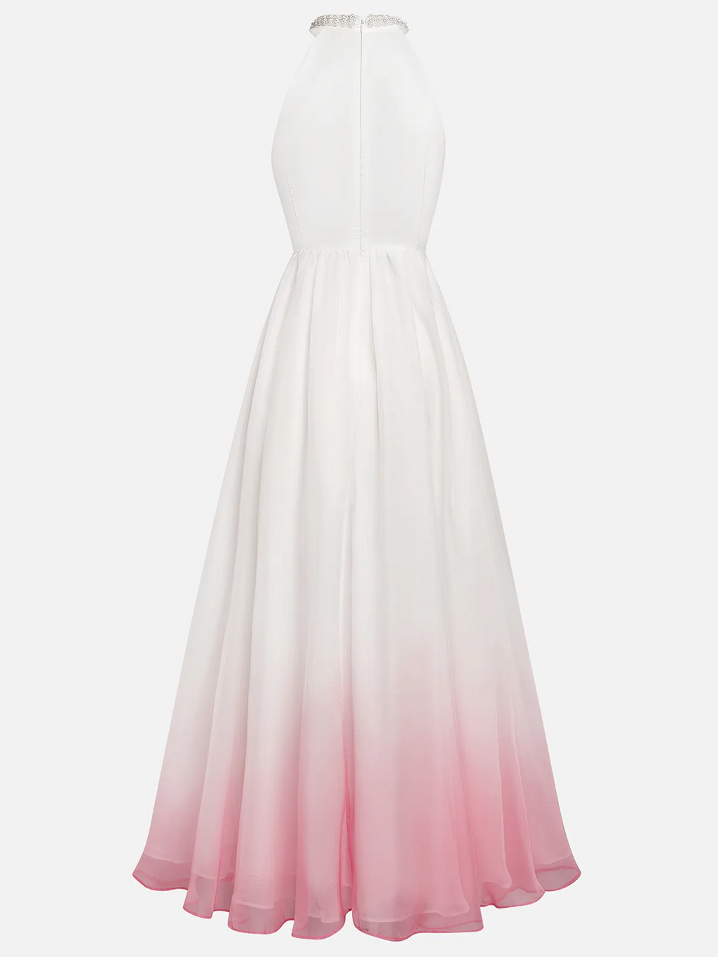 Pink Chiffon Halter Ombre Faux Pearl Cut Out Sleeveless A-Line Mock Neck Maxi Dress