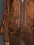 Vintage Boho Sheer Floral Blouse With Billowy Sleeves
