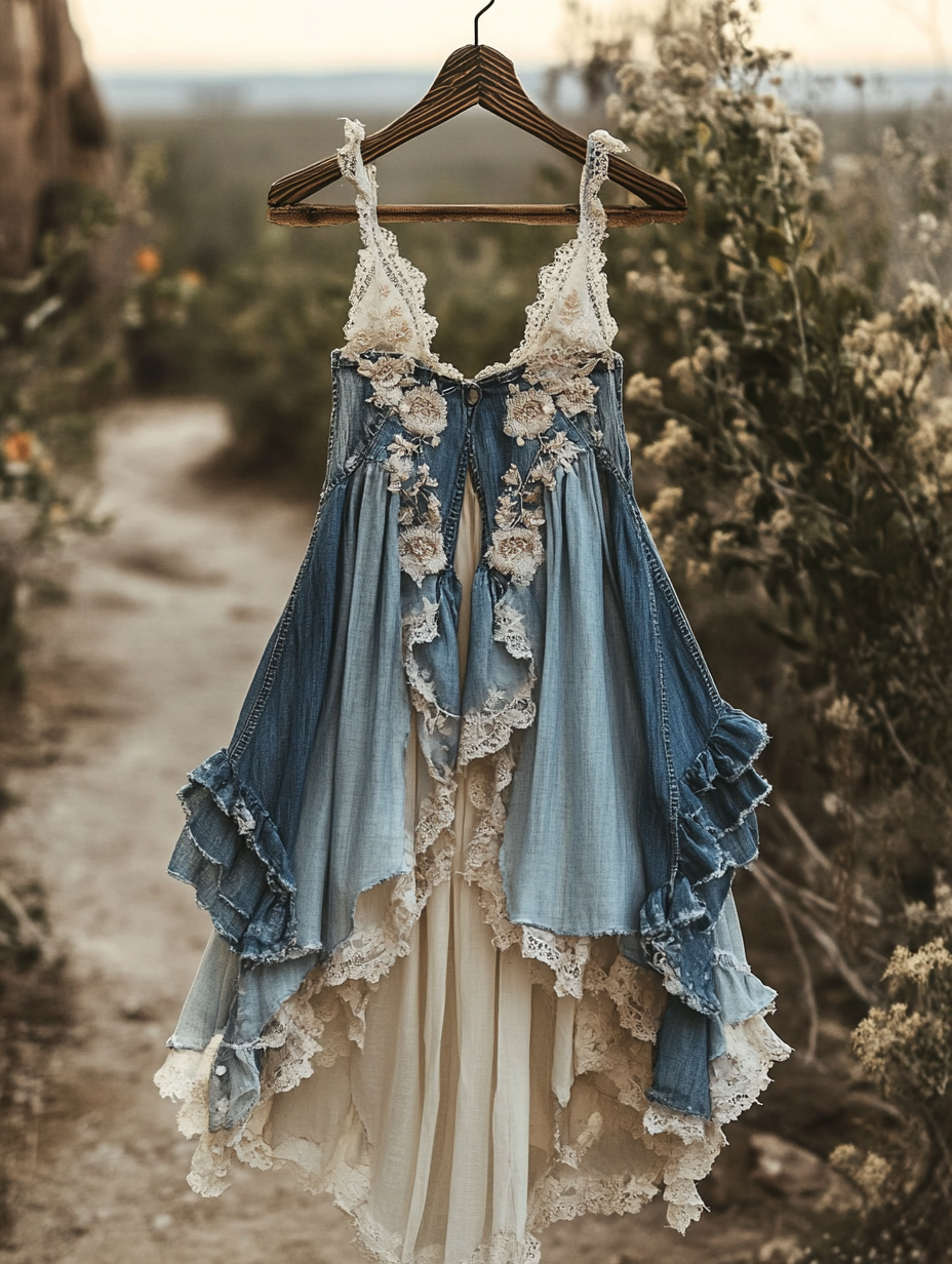 Summer Handmade Lace Denim Patchwork Dress dc4e
