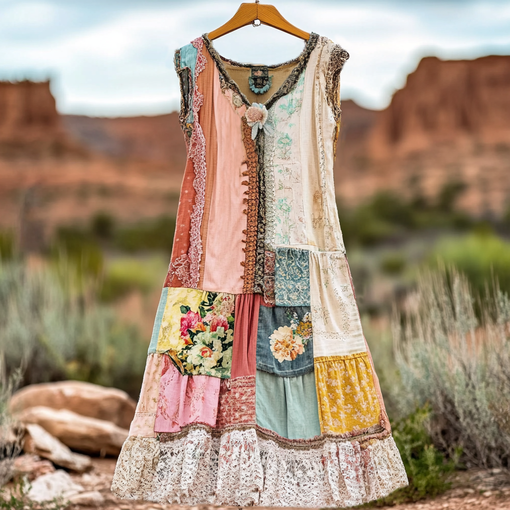 Women's Vintage Floral Lace Patch Comfort Dress d268