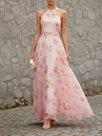 Pink Classic Floral Halter Short Sleeve A-Line Maxi Dress