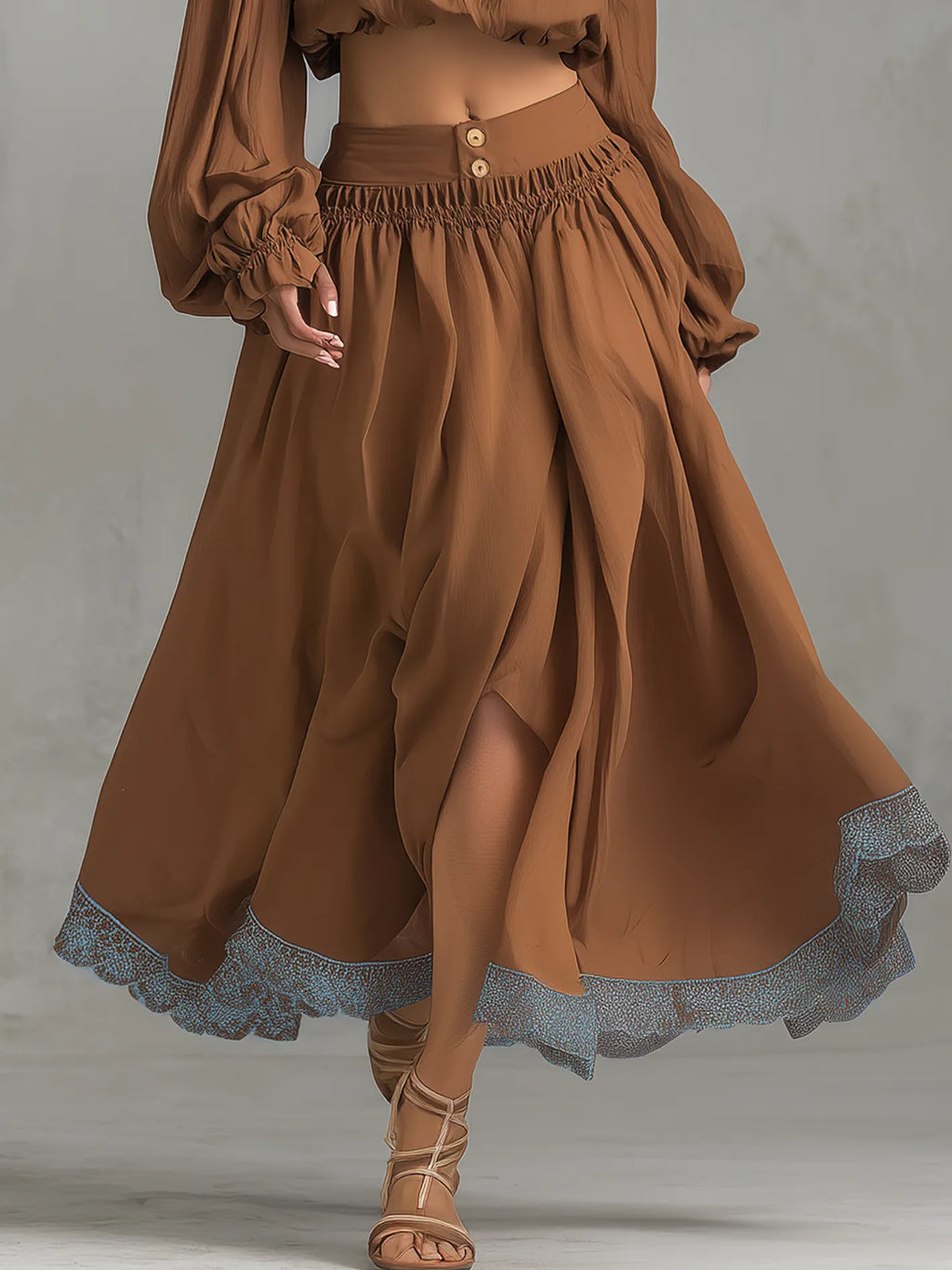 Brown Off Shoulder Two-Piece Set With Lace Trim And Front Slit