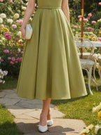 Midi Linen Dress, Sleeveless, Boat Neck, Plain, Bow, French Vintage, Green