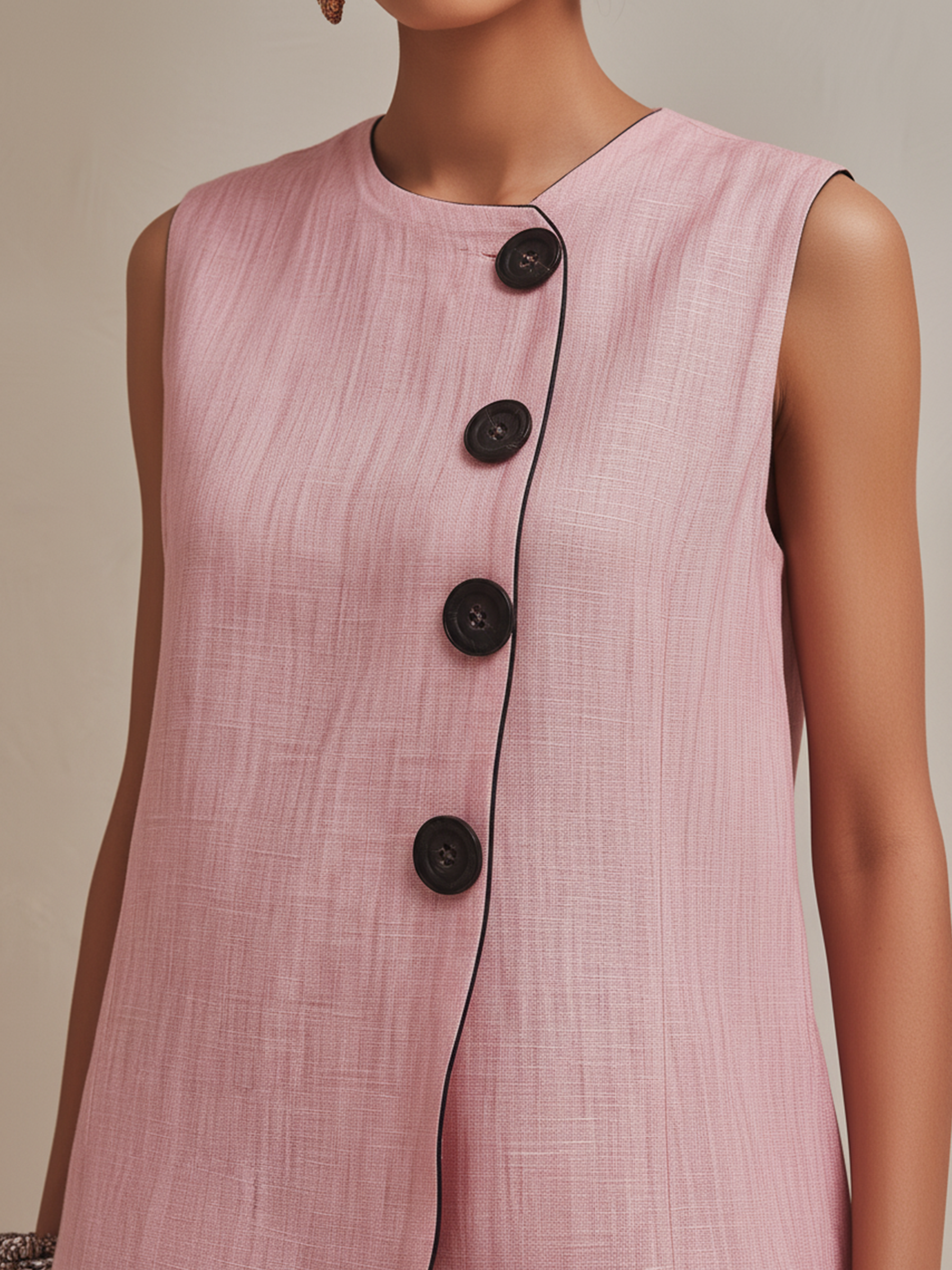 Blush Pink Linen-Blend Co-ord Set With Button Vest & Striped Hem Culottes