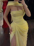 Luxury Cream Yellow Strapless Draped Ruched Split Maxi Evening Gown