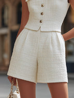 Elegant Tweed Stand Collar Gold Button Vest & High-Waisted Shorts Two-Piece Set