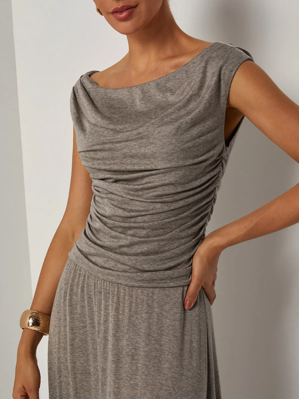 Khaki Lyocell Wool Ruched Knit Versatile One Shoulder/ Off-the-Shoulder Sleeveless A-Line Maxi Dress