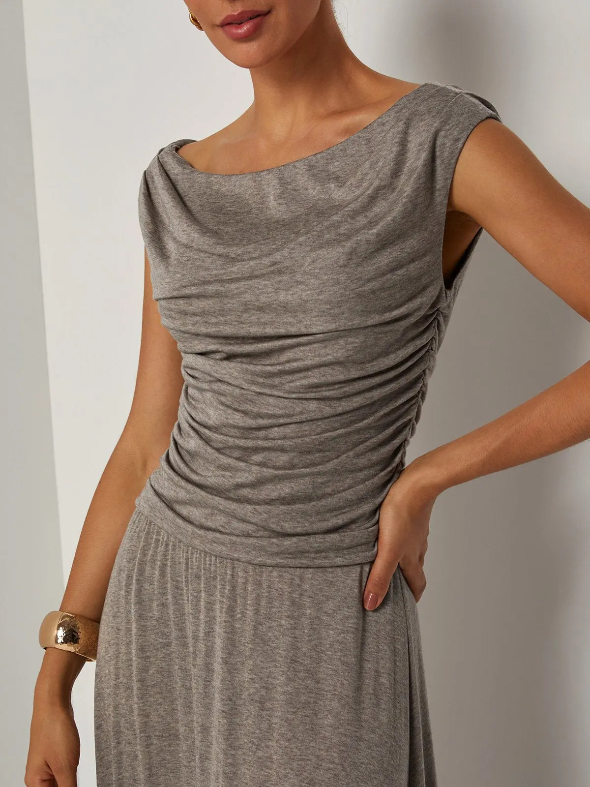 Khaki Lyocell Wool Ruched Knit Versatile One Shoulder/ Off-the-Shoulder Sleeveless A-Line Maxi Dress