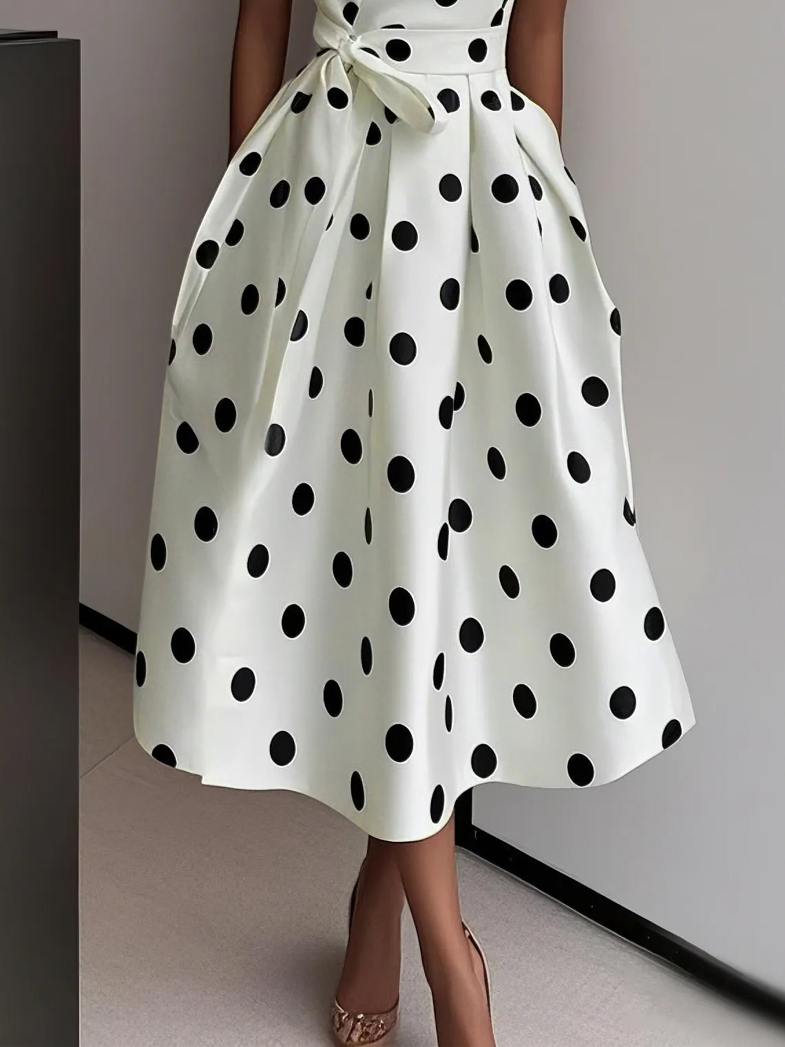 White Polka Dots V Neck Sleeveless A-Line Midi Dress