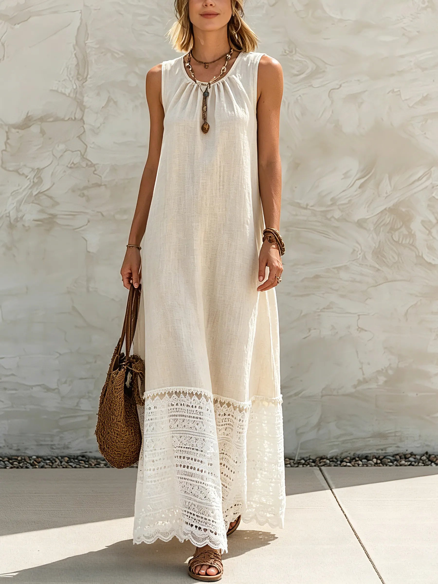 Beige Linen-Blend Sleeveless Lace Hem Maxi Dress