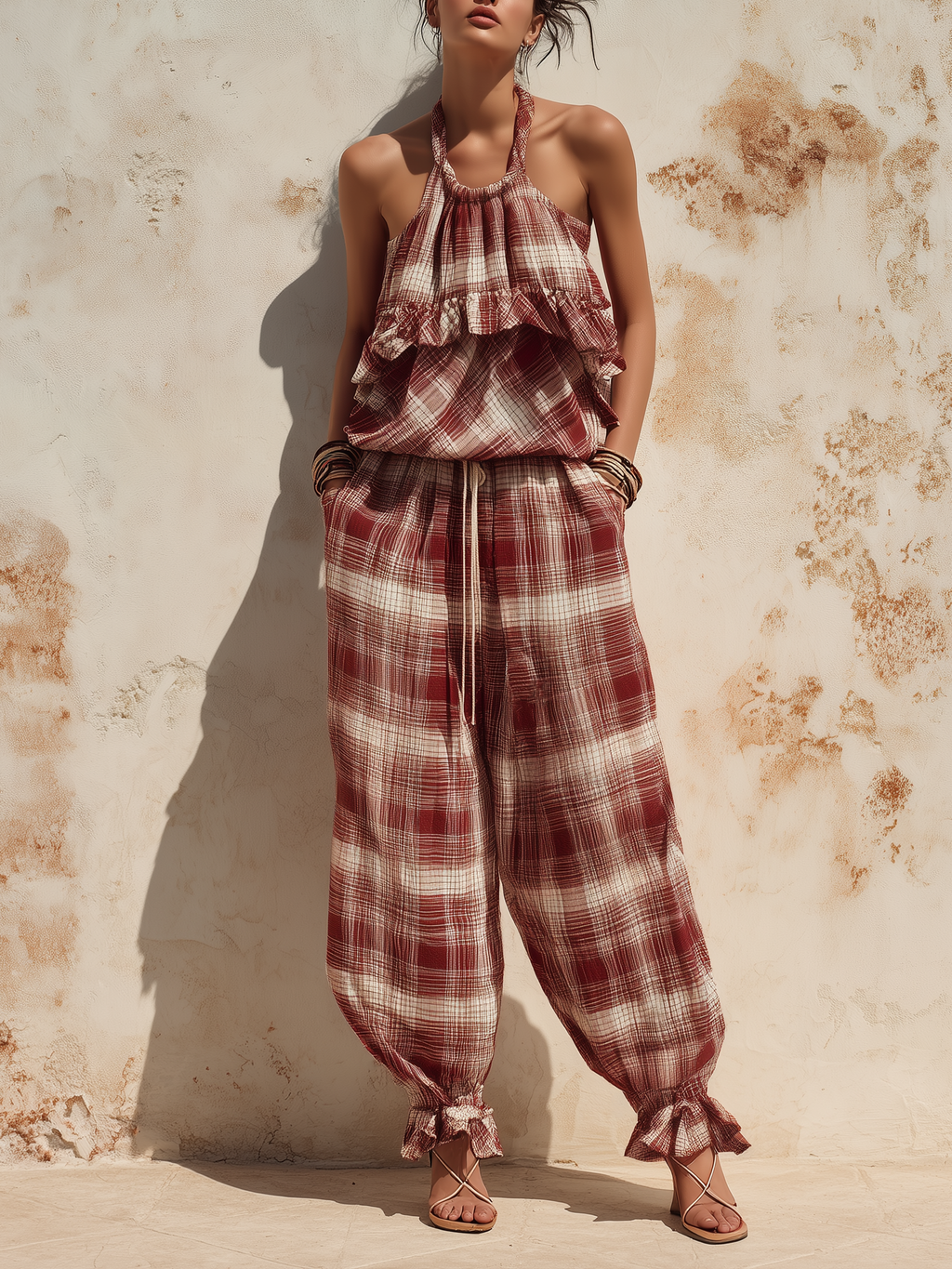Red Plaid Ruffle-Hem Halter Jumpsuit - Effortless Summer Style