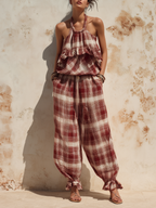 Red Plaid Ruffle-Hem Halter Jumpsuit - Effortless Summer Style