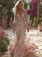 Vintage Pink Roses V Neck Long Sleeve Flowy Maxi Dress