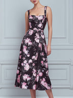 Black Pink Floral Square Neck Sleeveless A-Line Midi Dress