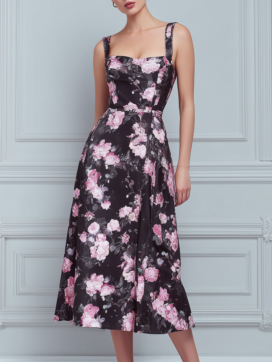 Black Pink Floral Square Neck Sleeveless A-Line Midi Dress