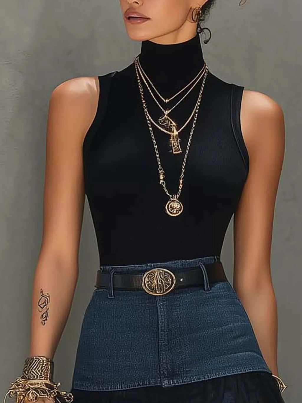 Black Denim Patchwork T-Shirt And Mesh Maxi Skirt Set With Side Slit