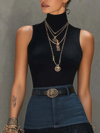 Black Denim Patchwork T-Shirt And Mesh Maxi Skirt Set With Side Slit