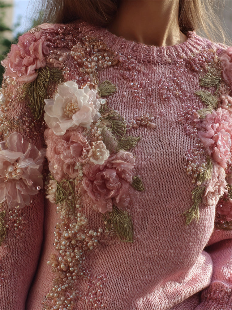 Vintage Flowers Fiber Art Beaded Cozy Knit Sweater