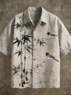 Japanese Ink Painting Art Linen Short Sleeve Shirt