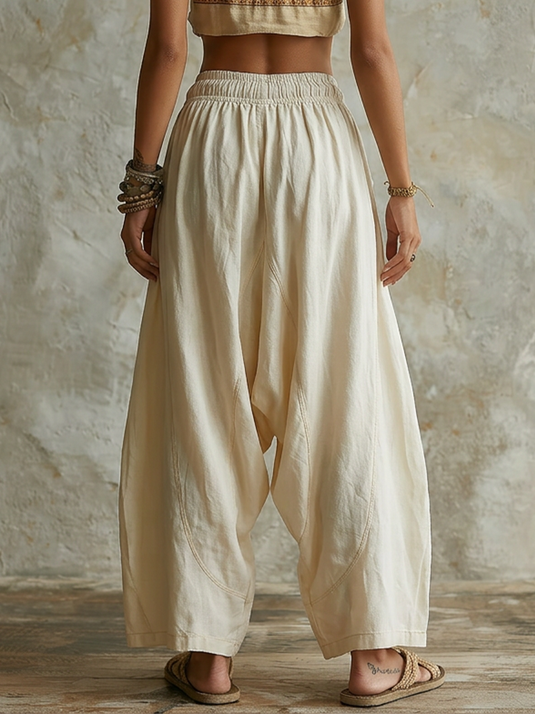 Beige High Waist Drawstring Wide Leg Baggy Pants