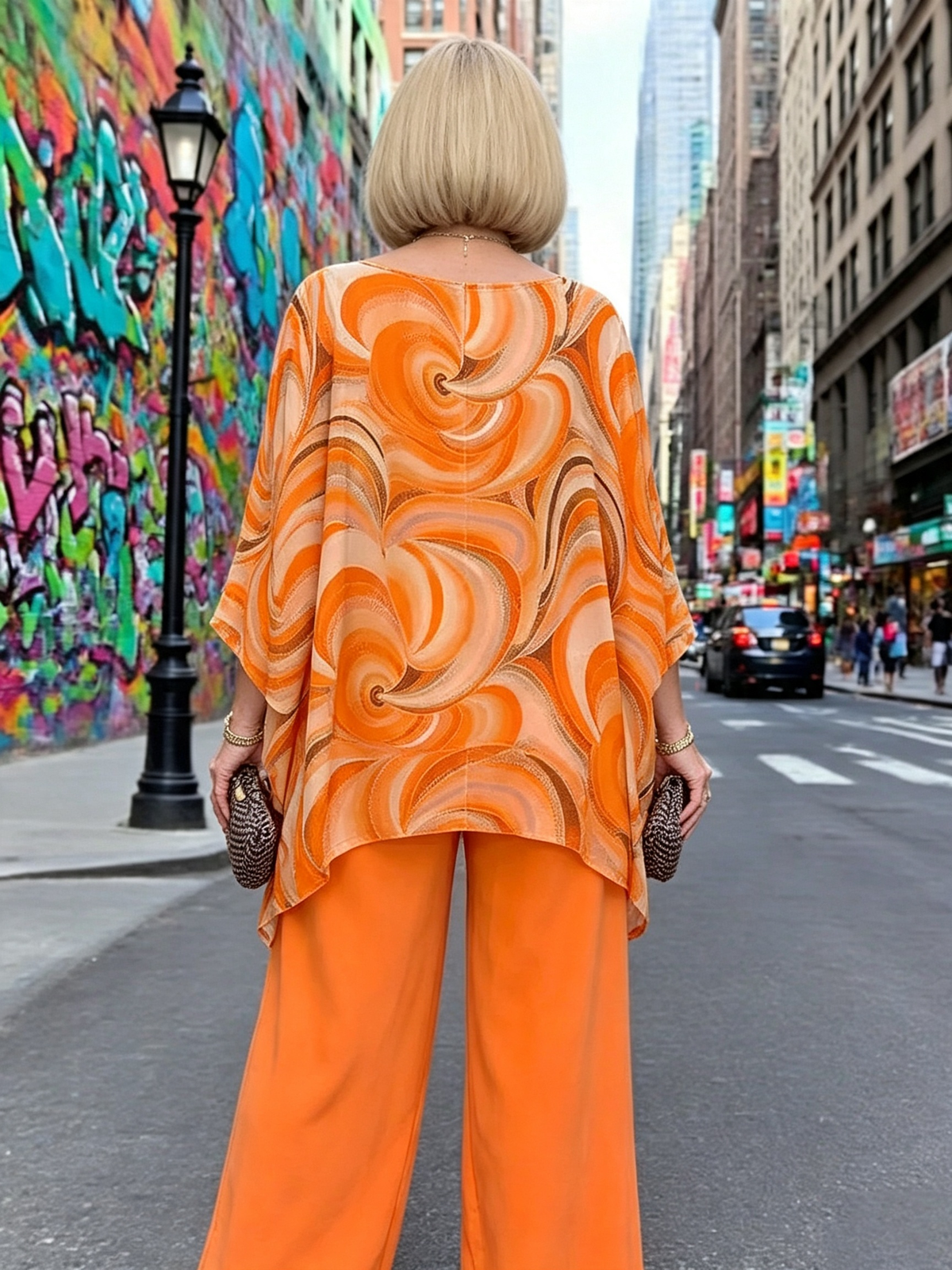 Vibrant Swirl Print Chiffon 2‐Piece Outfit, Loose Boat Neck Tunic Top & Bright Wide‐Leg Pants Set for Women