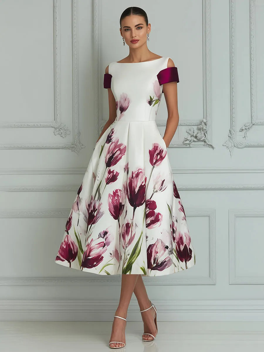 Elegant Floral Print Midi Tea Dress