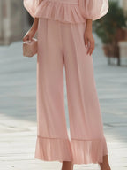 Sheer Sleeve Peplum Top And Wide-Leg Pants Set