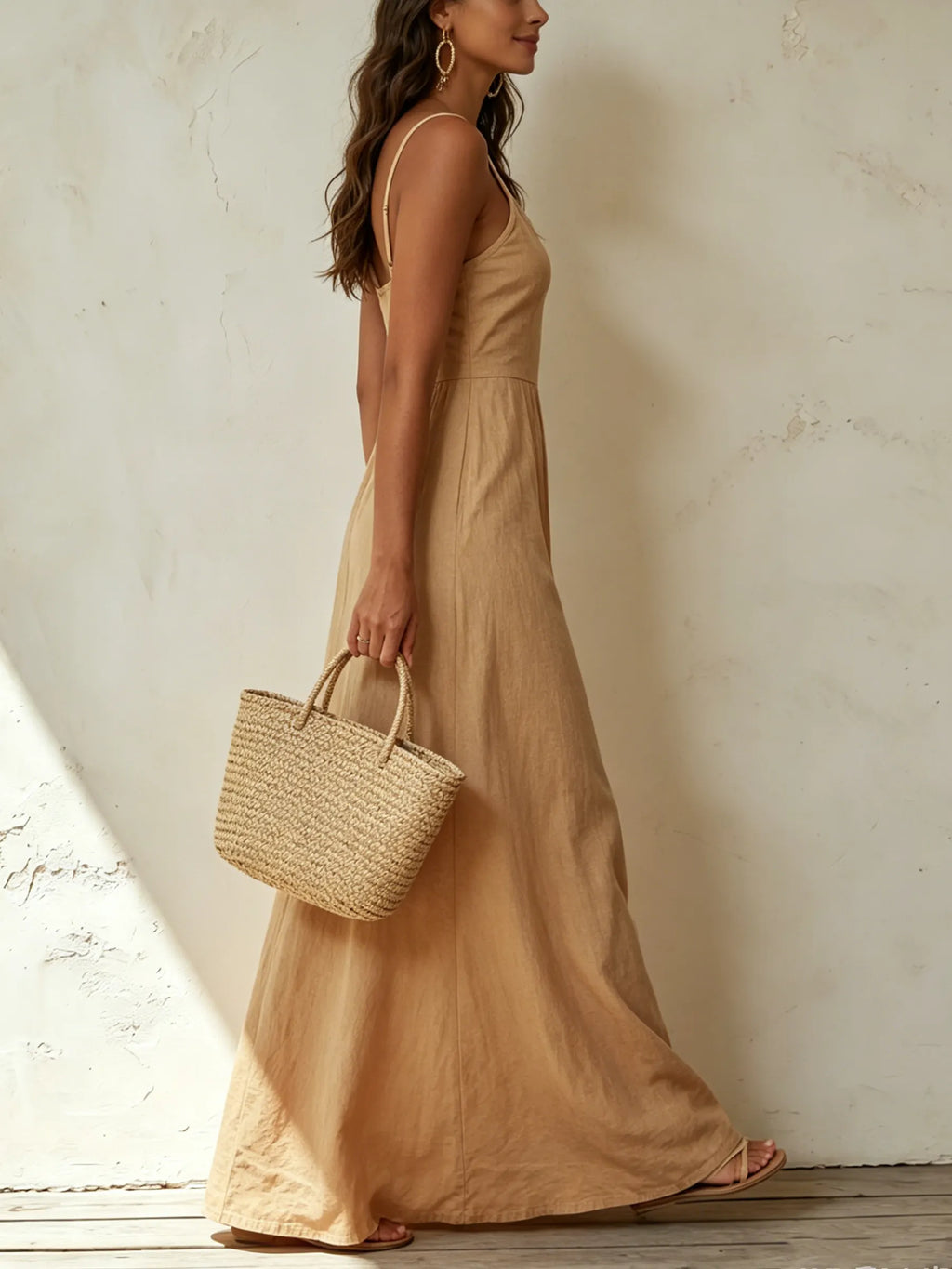 Beige Linen-Blend Bow-Front Button-Down Maxi Dress