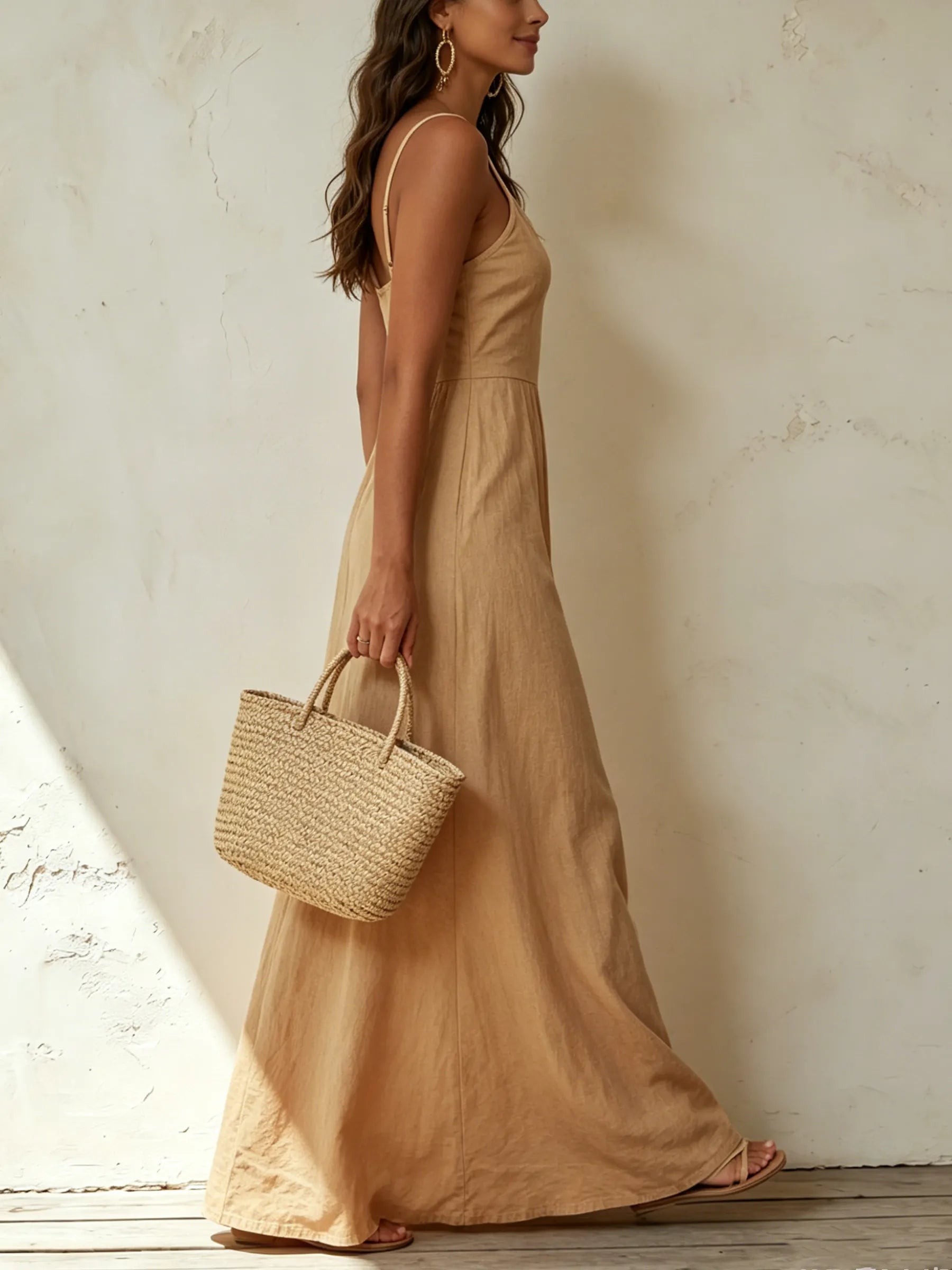 Beige Linen-Blend Bow-Front Button-Down Maxi Dress