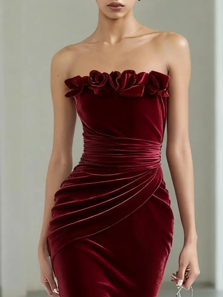 Wine Red 3D Floral Velvet Strapless Sleeveless Sheath Gown Dress