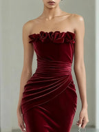 Wine Red 3D Floral Velvet Strapless Sleeveless Sheath Gown Dress