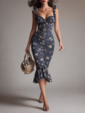 Retro Floral Shirred Fishtail Midi Dress